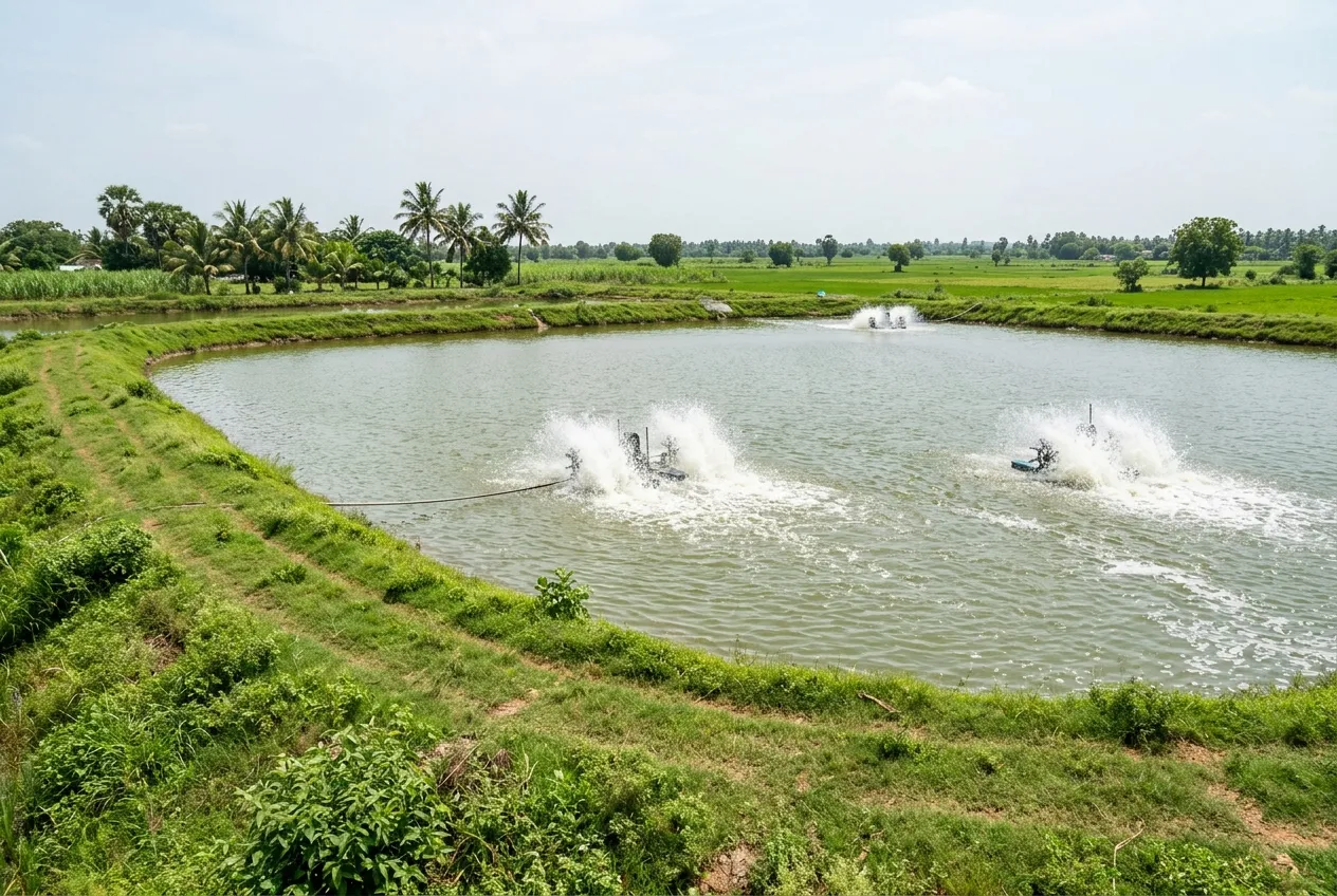 An earthen freshwater pond with paddlewheel aerators creating spray, surrounded by grassy bunds.